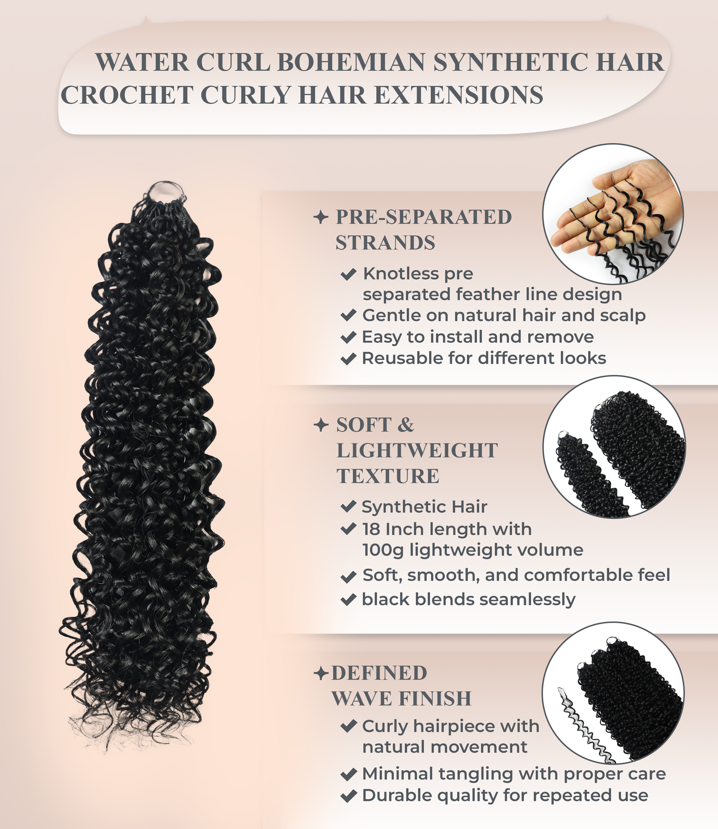LUXLUXE Water Curl Synthetic Crochet Hair Extensions – Available in 14"  78g 18" 100g & 22" 120g Pre Separated 100 Strands Feather Hairpiece for Natural Bouncy Curls