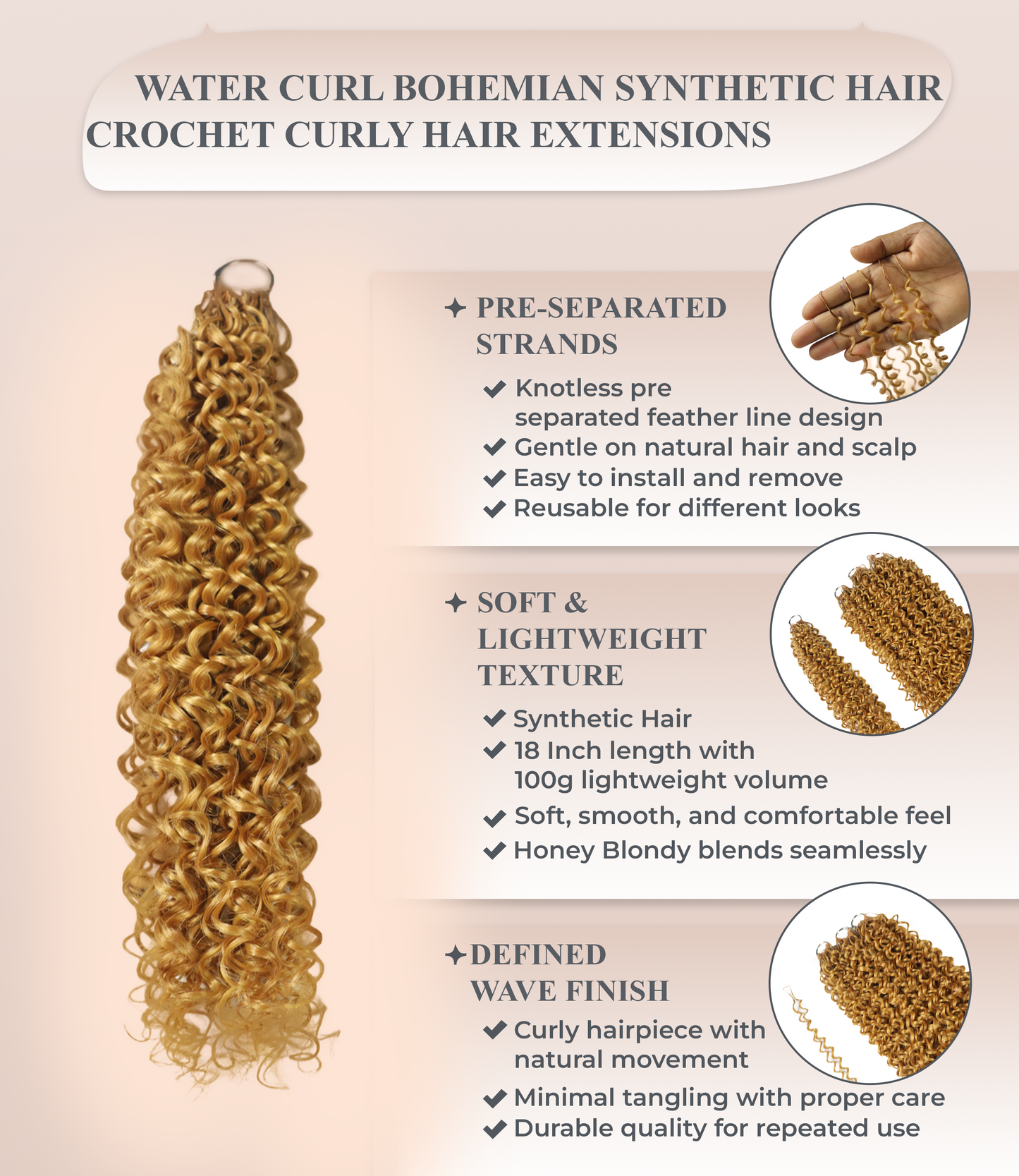 LUXLUXE Water Curl Synthetic Crochet Hair Extensions – Available in 14"  78g 18" 100g & 22" 120g Pre Separated 100 Strands Feather Hairpiece for Natural Bouncy Curls
