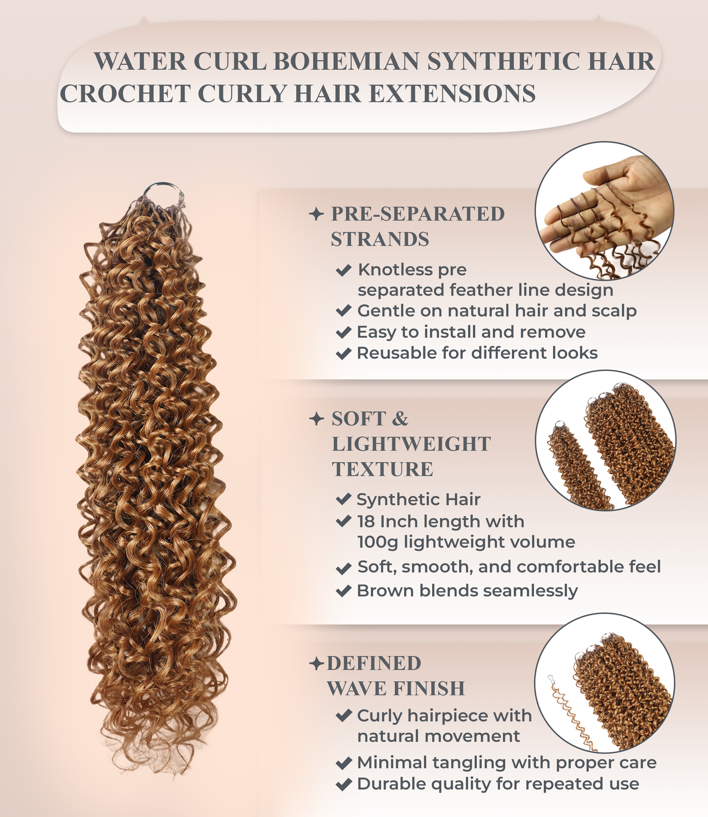 LUXLUXE Water Curl Synthetic Crochet Hair Extensions – Available in 14"  78g 18" 100g & 22" 120g Pre Separated 100 Strands Feather Hairpiece for Natural Bouncy Curls