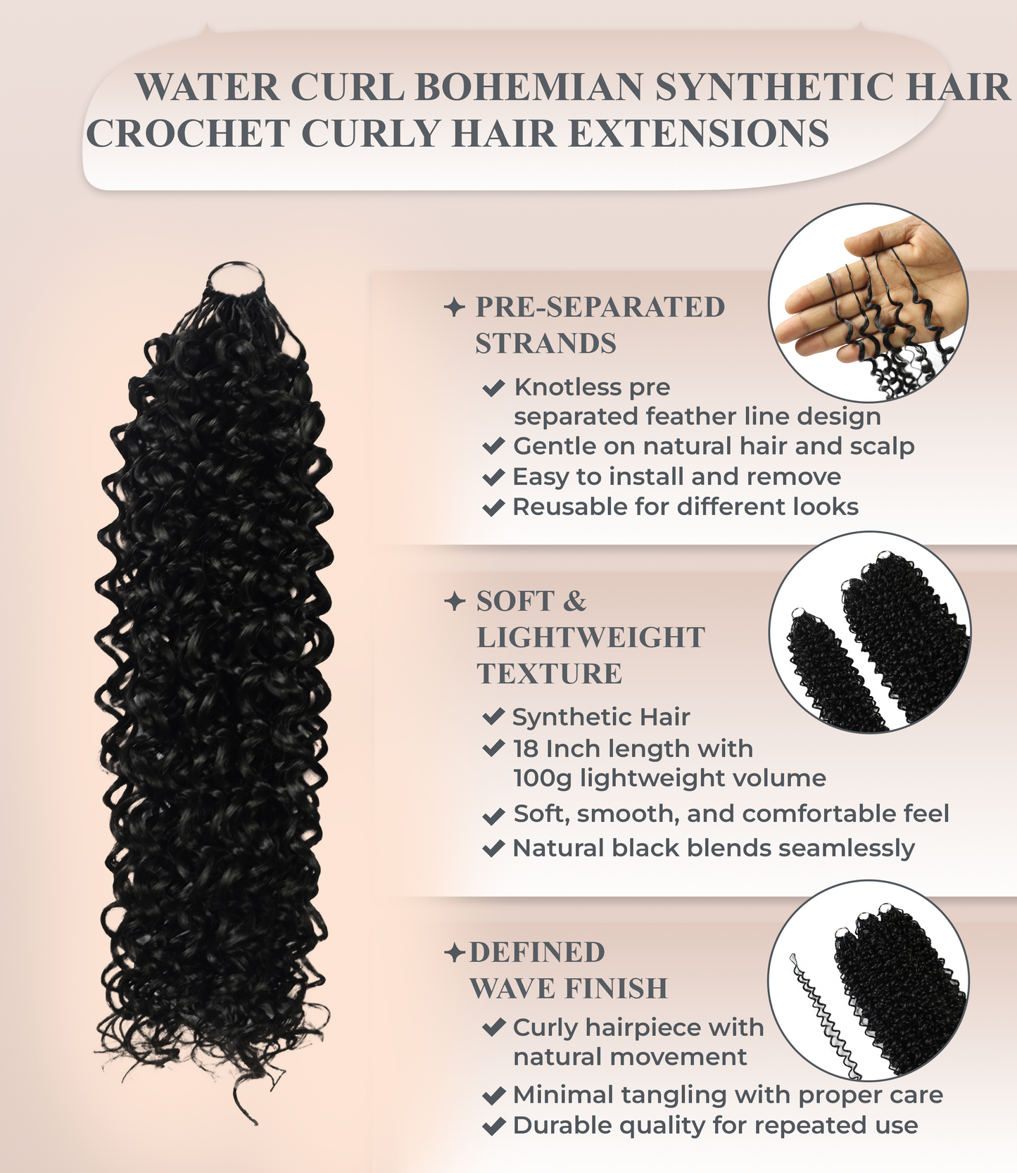 LUXLUXE Water Curl Synthetic Crochet Hair Extensions – Available in 14"  78g 18" 100g & 22" 120g Pre Separated 100 Strands Feather Hairpiece for Natural Bouncy Curls
