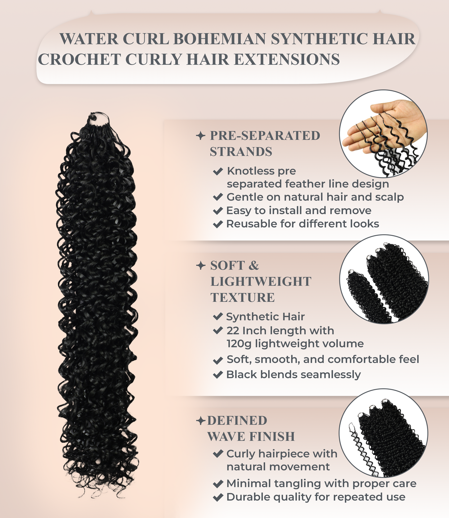 LUXLUXE Water Curl Synthetic Crochet Hair Extensions – Available in 14"  78g 18" 100g & 22" 120g Pre Separated 100 Strands Feather Hairpiece for Natural Bouncy Curls