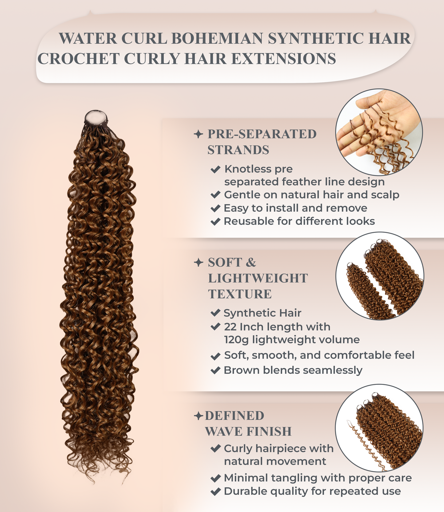 LUXLUXE Water Curl Synthetic Crochet Hair Extensions – Available in 14"  78g 18" 100g & 22" 120g Pre Separated 100 Strands Feather Hairpiece for Natural Bouncy Curls