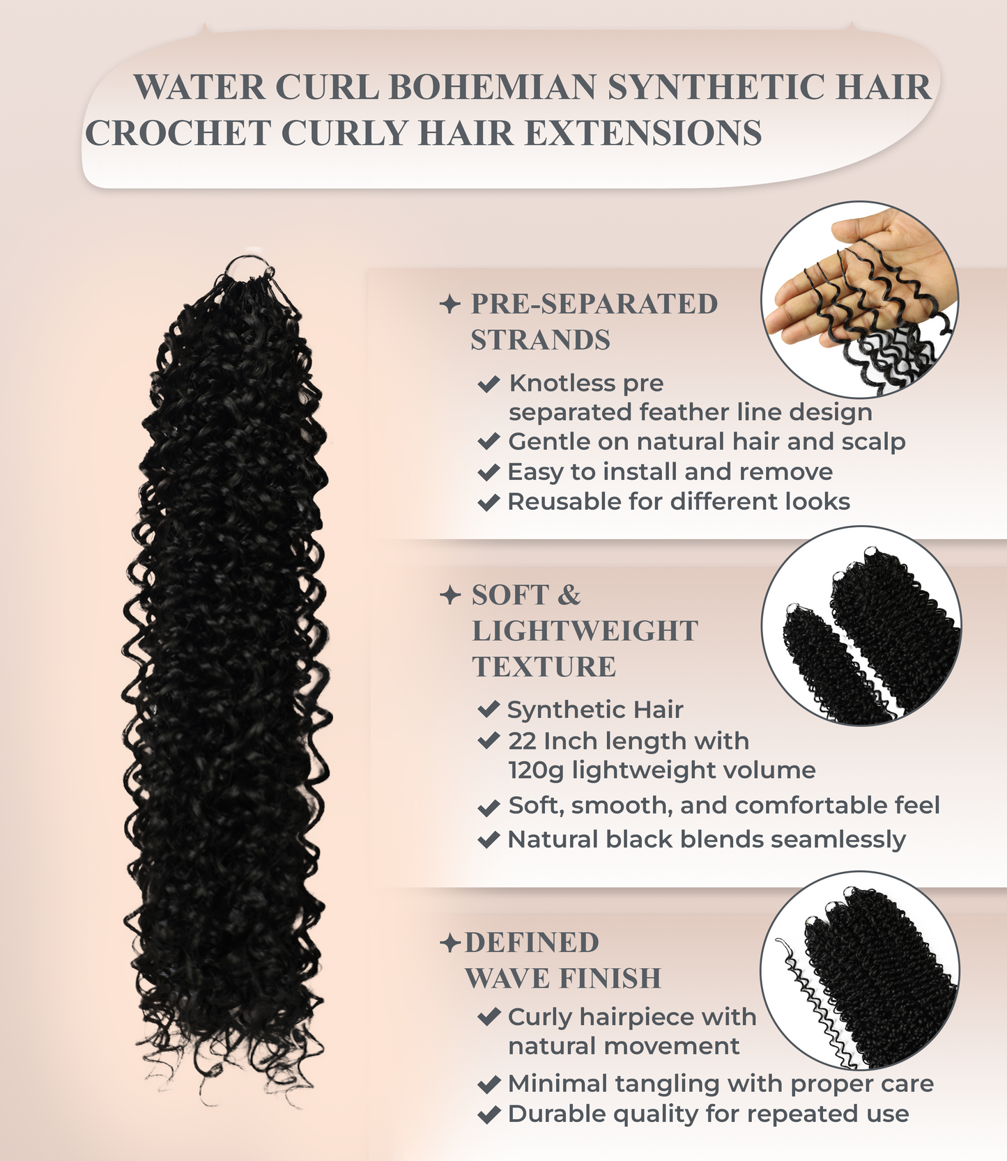 LUXLUXE Water Curl Synthetic Crochet Hair Extensions – Available in 14"  78g 18" 100g & 22" 120g Pre Separated 100 Strands Feather Hairpiece for Natural Bouncy Curls