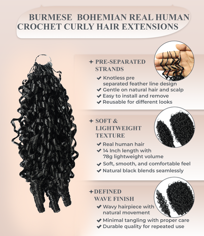 LUXLUXE Burmese Synthetic Crochet Hair Extensions – 14" 78g, 18" 100g, 22" 120g Pre Separated 100 Strands Feather Hairpiece for Soft Curly Protective Styles