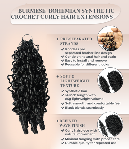 LUXLUXE Burmese Synthetic Crochet Hair Extensions – 14" 85g, 18" 110g, 22" 132g Pre Separated 100 Strands Feather Hairpiece for Soft Curly Protective Styles