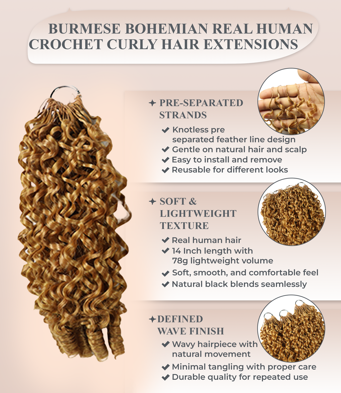 LUXLUXE Burmese Synthetic Crochet Hair Extensions – 14" 78g, 18" 100g, 22" 120g Pre Separated 100 Strands Feather Hairpiece for Soft Curly Protective Styles