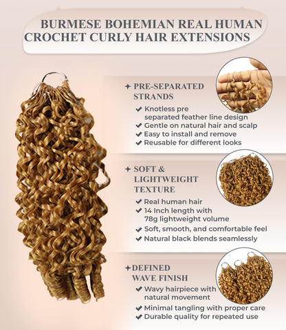 LUXLUXE Burmese Synthetic Crochet Hair Extensions – 14" 78g, 18" 100g, 22" 120g Pre Separated 100 Strands Feather Hairpiece for Soft Curly Protective Styles