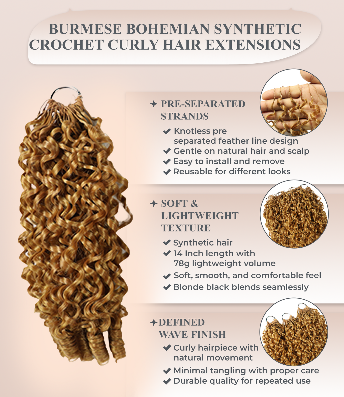 LUXLUXE Burmese Synthetic Crochet Hair Extensions – 14" 78g, 18" 100g, 22" 120g Pre Separated 100 Strands Feather Hairpiece for Soft Curly Protective Styles