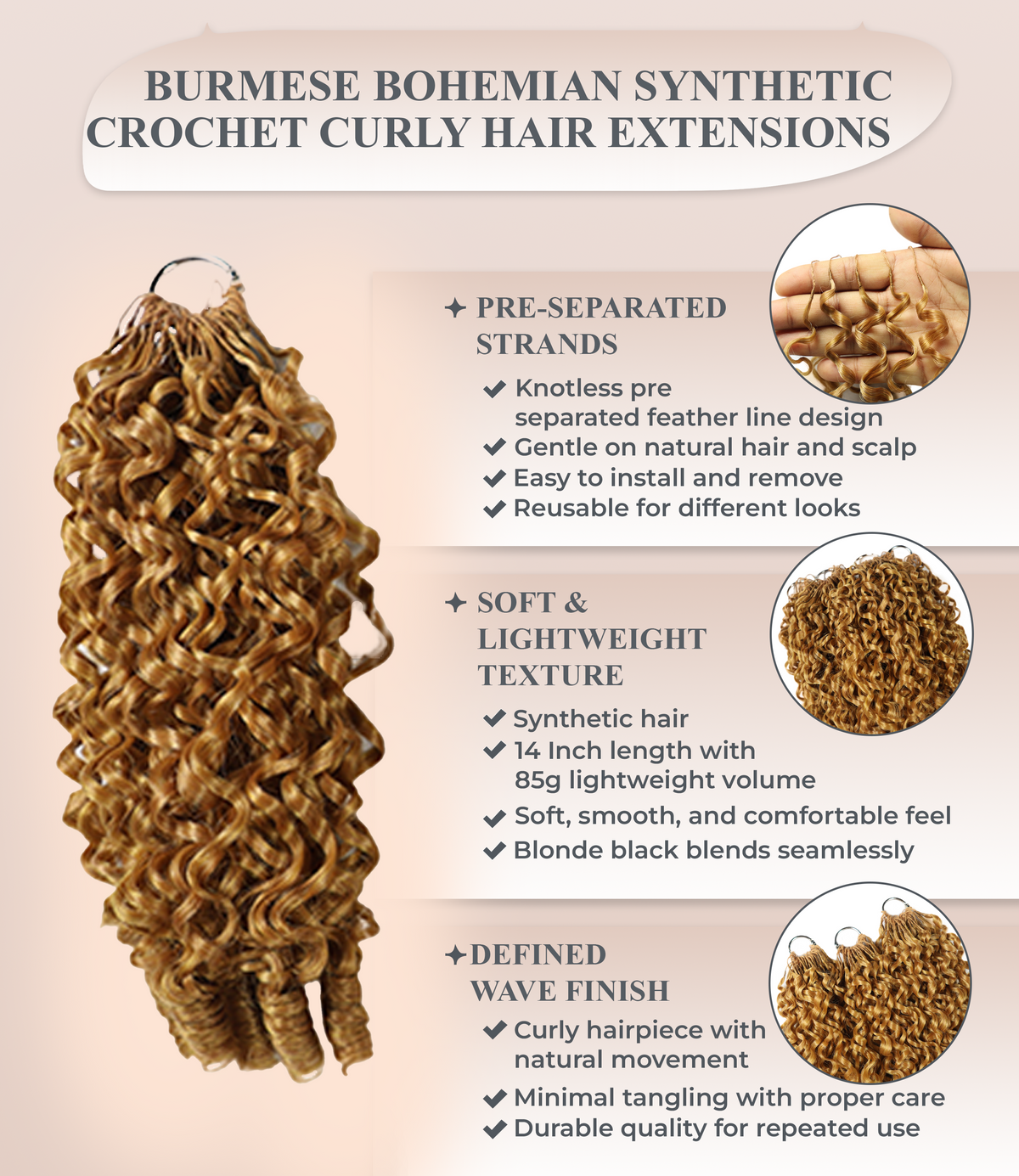 LUXLUXE Burmese Synthetic Crochet Hair Extensions – 14" 85g, 18" 110g, 22" 132g Pre Separated 100 Strands Feather Hairpiece for Soft Curly Protective Styles