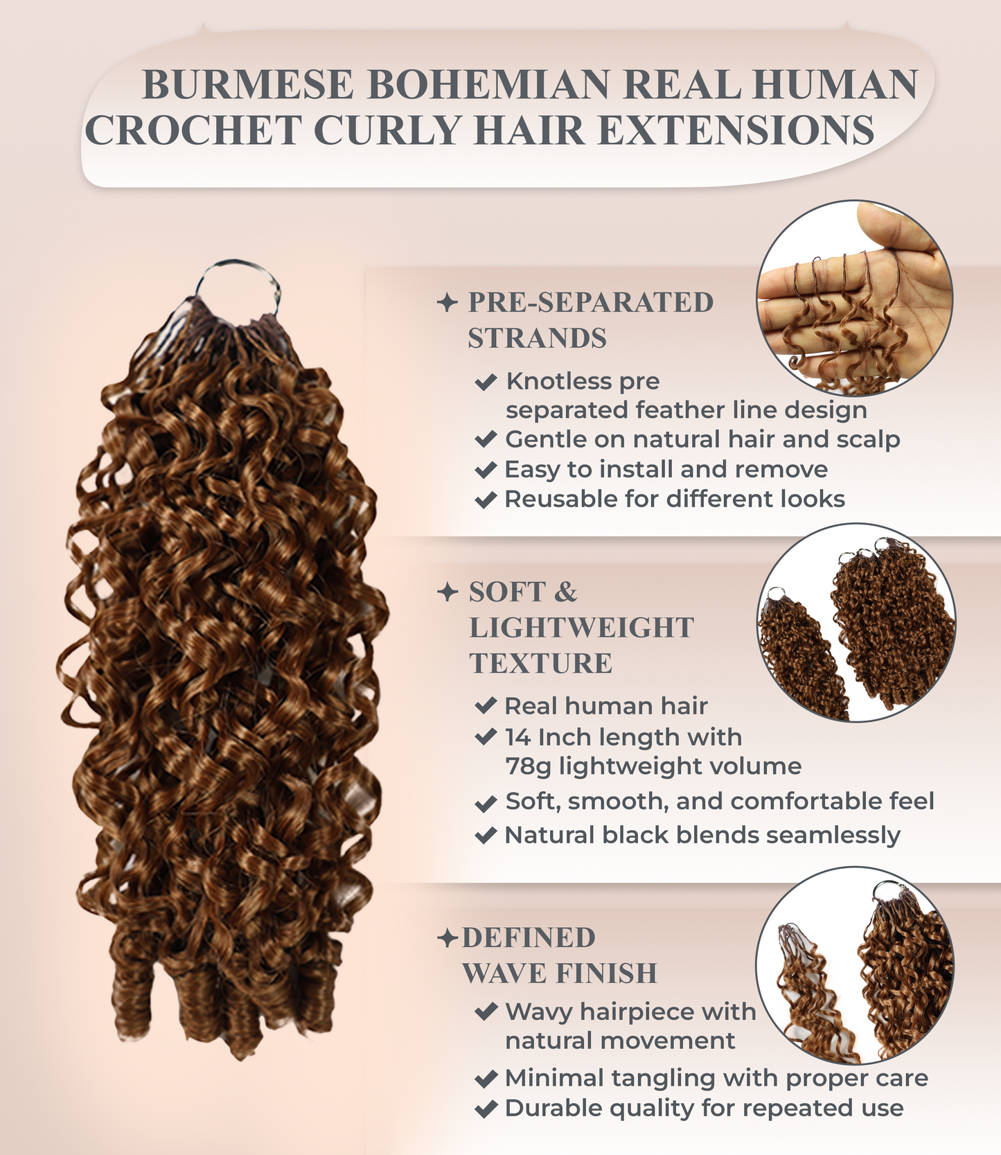 LUXLUXE Burmese Synthetic Crochet Hair Extensions – 14" 78g, 18" 100g, 22" 120g Pre Separated 100 Strands Feather Hairpiece for Soft Curly Protective Styles