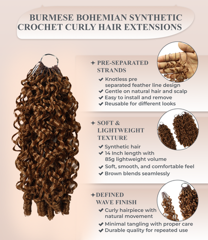 LUXLUXE Burmese Synthetic Crochet Hair Extensions – 14" 85g, 18" 110g, 22" 132g Pre Separated 100 Strands Feather Hairpiece for Soft Curly Protective Styles