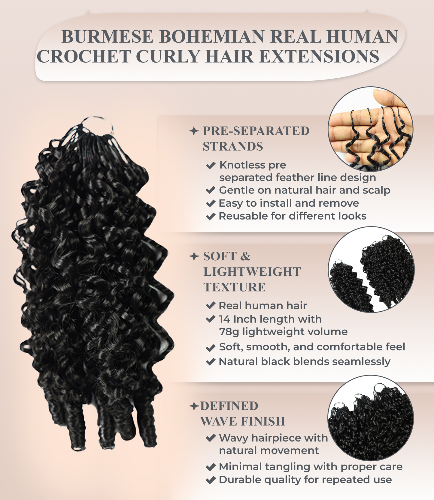LUXLUXE Burmese Synthetic Crochet Hair Extensions – 14" 78g, 18" 100g, 22" 120g Pre Separated 100 Strands Feather Hairpiece for Soft Curly Protective Styles