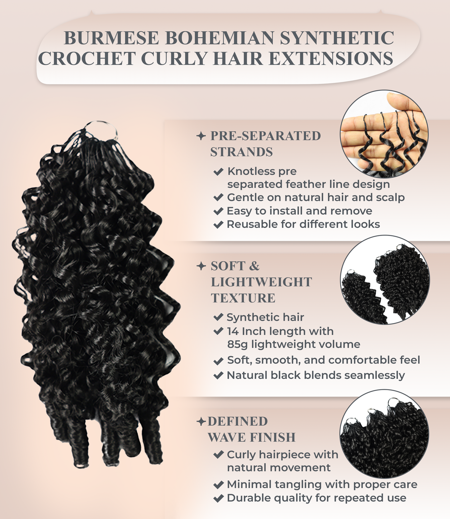 LUXLUXE Burmese Synthetic Crochet Hair Extensions – 14" 85g, 18" 110g, 22" 132g Pre Separated 100 Strands Feather Hairpiece for Soft Curly Protective Styles