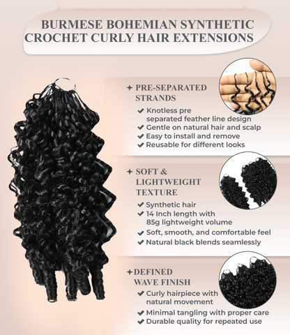 LUXLUXE Burmese Synthetic Crochet Hair Extensions – 14" 85g, 18" 110g, 22" 132g Pre Separated 100 Strands Feather Hairpiece for Soft Curly Protective Styles