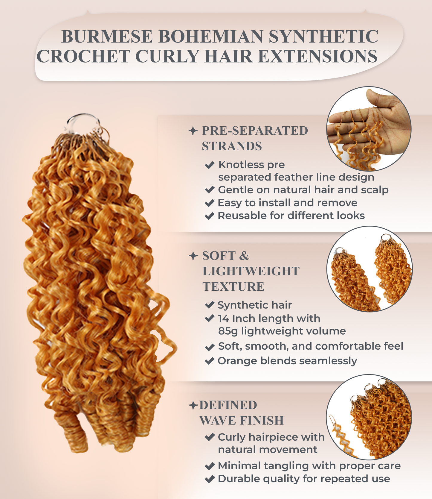 LUXLUXE Burmese Synthetic Crochet Hair Extensions – 14" 85g, 18" 110g, 22" 132g Pre Separated 100 Strands Feather Hairpiece for Soft Curly Protective Styles