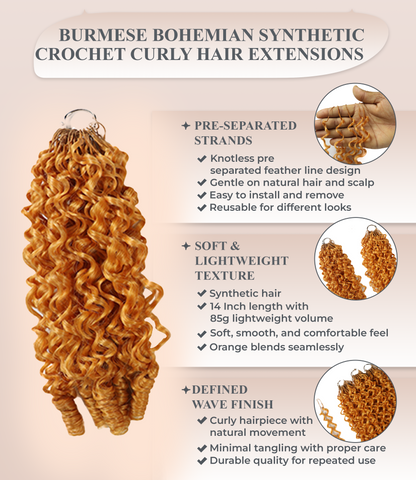 LUXLUXE Burmese Synthetic Crochet Hair Extensions – 14" 85g, 18" 110g, 22" 132g Pre Separated 100 Strands Feather Hairpiece for Soft Curly Protective Styles