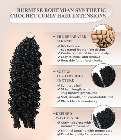 LUXLUXE Burmese Synthetic Crochet Hair Extensions – 14" 85g, 18" 110g, 22" 132g Pre Separated 100 Strands Feather Hairpiece for Soft Curly Protective Styles