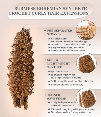 LUXLUXE Burmese Synthetic Crochet Hair Extensions – 14" 85g, 18" 110g, 22" 132g Pre Separated 100 Strands Feather Hairpiece for Soft Curly Protective Styles