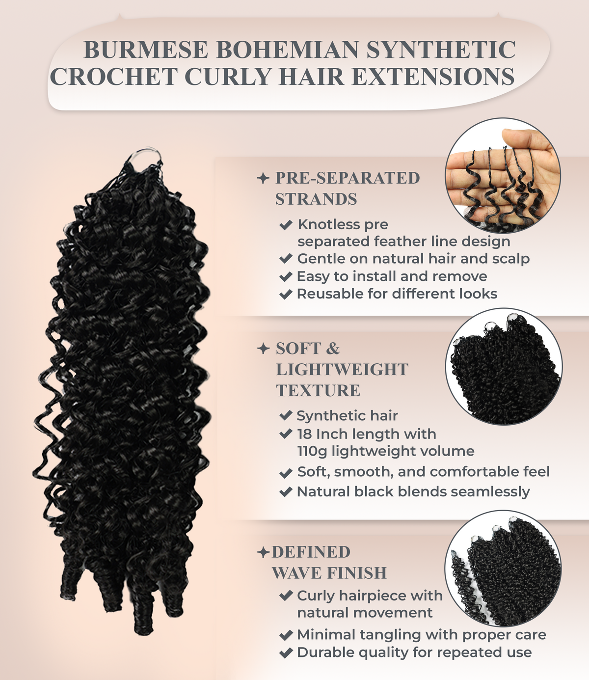 LUXLUXE Burmese Synthetic Crochet Hair Extensions – 14" 85g, 18" 110g, 22" 132g Pre Separated 100 Strands Feather Hairpiece for Soft Curly Protective Styles