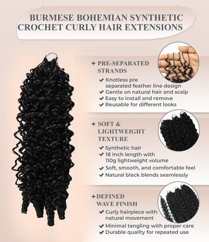 LUXLUXE Burmese Synthetic Crochet Hair Extensions – 14" 85g, 18" 110g, 22" 132g Pre Separated 100 Strands Feather Hairpiece for Soft Curly Protective Styles