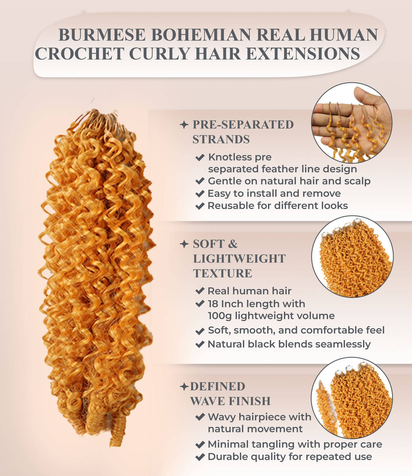 LUXLUXE Burmese Synthetic Crochet Hair Extensions – 14" 78g, 18" 100g, 22" 120g Pre Separated 100 Strands Feather Hairpiece for Soft Curly Protective Styles