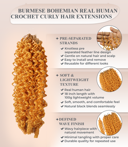 LUXLUXE Burmese Synthetic Crochet Hair Extensions – 14" 78g, 18" 100g, 22" 120g Pre Separated 100 Strands Feather Hairpiece for Soft Curly Protective Styles