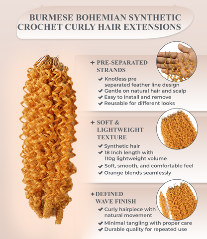 LUXLUXE Burmese Synthetic Crochet Hair Extensions – 14" 85g, 18" 110g, 22" 132g Pre Separated 100 Strands Feather Hairpiece for Soft Curly Protective Styles