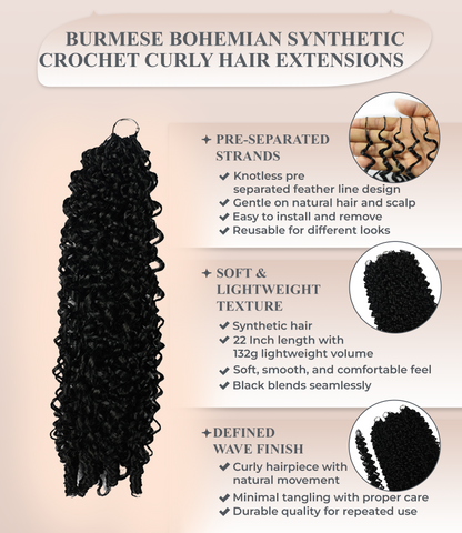 LUXLUXE Burmese Synthetic Crochet Hair Extensions – 14" 85g, 18" 110g, 22" 132g Pre Separated 100 Strands Feather Hairpiece for Soft Curly Protective Styles