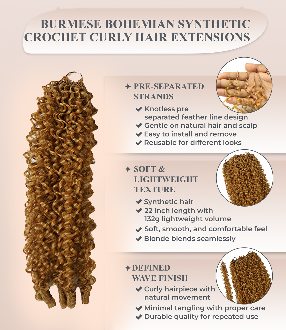 LUXLUXE Burmese Synthetic Crochet Hair Extensions – 14" 85g, 18" 110g, 22" 132g Pre Separated 100 Strands Feather Hairpiece for Soft Curly Protective Styles
