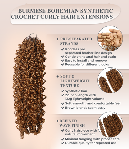 LUXLUXE Burmese Synthetic Crochet Hair Extensions – 14" 85g, 18" 110g, 22" 132g Pre Separated 100 Strands Feather Hairpiece for Soft Curly Protective Styles