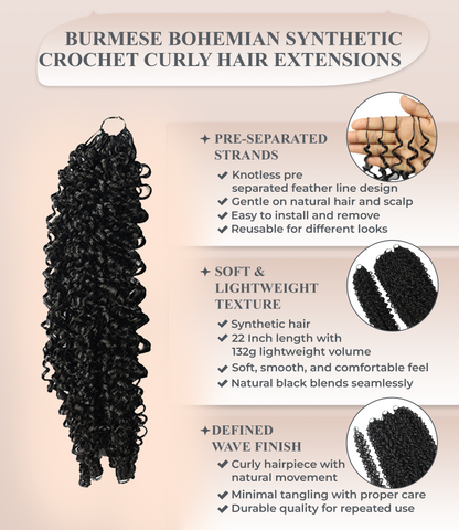 LUXLUXE Burmese Synthetic Crochet Hair Extensions – 14" 85g, 18" 110g, 22" 132g Pre Separated 100 Strands Feather Hairpiece for Soft Curly Protective Styles