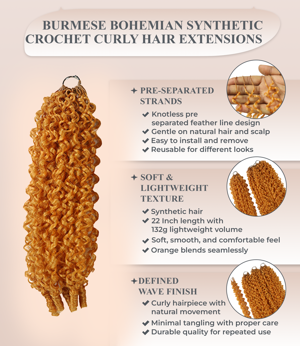 LUXLUXE Burmese Synthetic Crochet Hair Extensions – 14" 85g, 18" 110g, 22" 132g Pre Separated 100 Strands Feather Hairpiece for Soft Curly Protective Styles