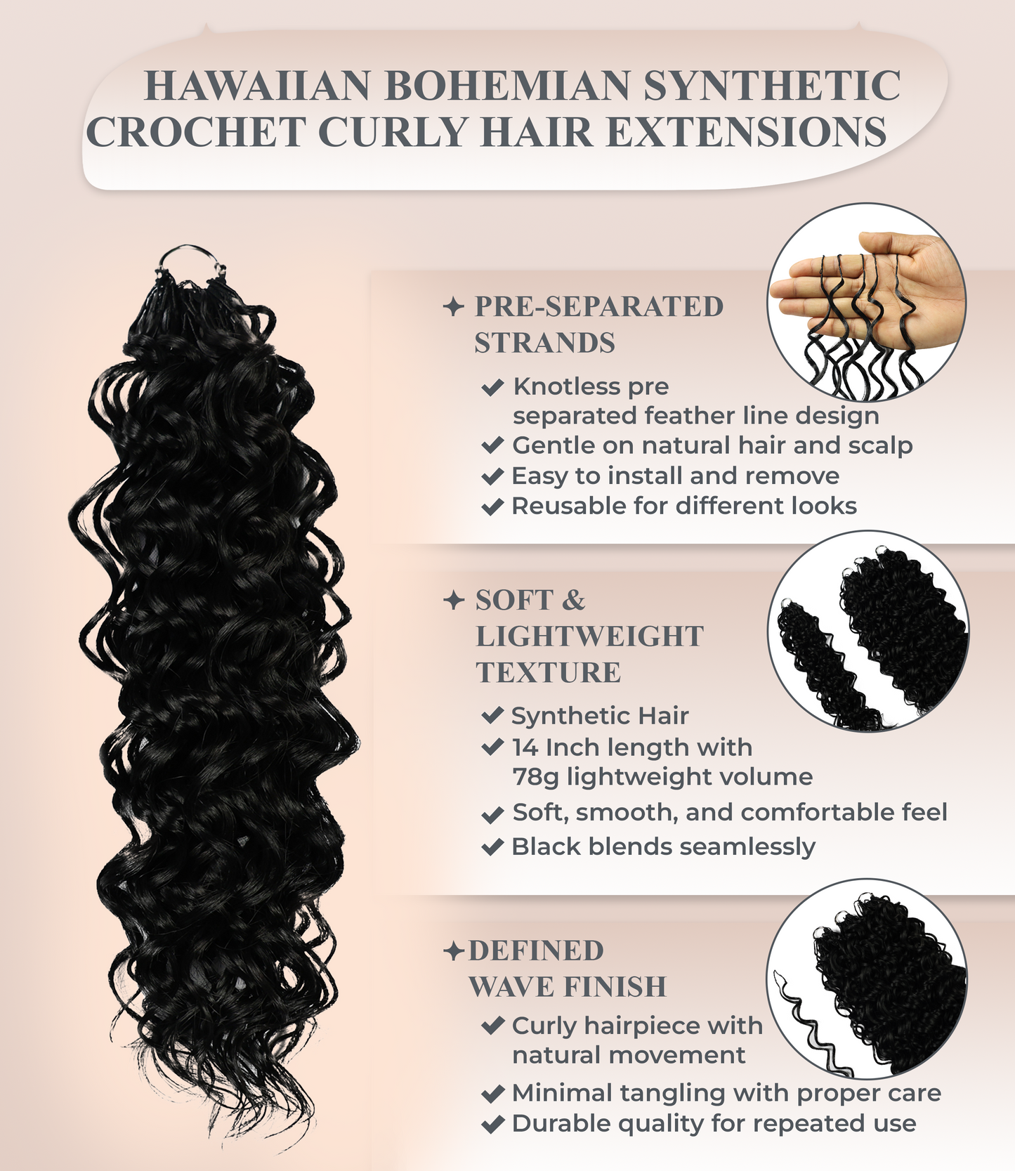 LUXLUXE Hawaiian Synthetic Crochet Hair Extensions – 14" 85g, 18" 110g, 22" 132g  Pre Separated 100 Strands Feather Hairpiece for Curly Protective Styles