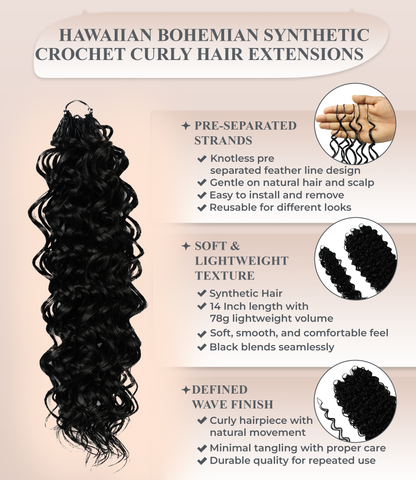 LUXLUXE Hawaiian Synthetic Crochet Hair Extensions – 14" 85g, 18" 110g, 22" 132g  Pre Separated 100 Strands Feather Hairpiece for Curly Protective Styles