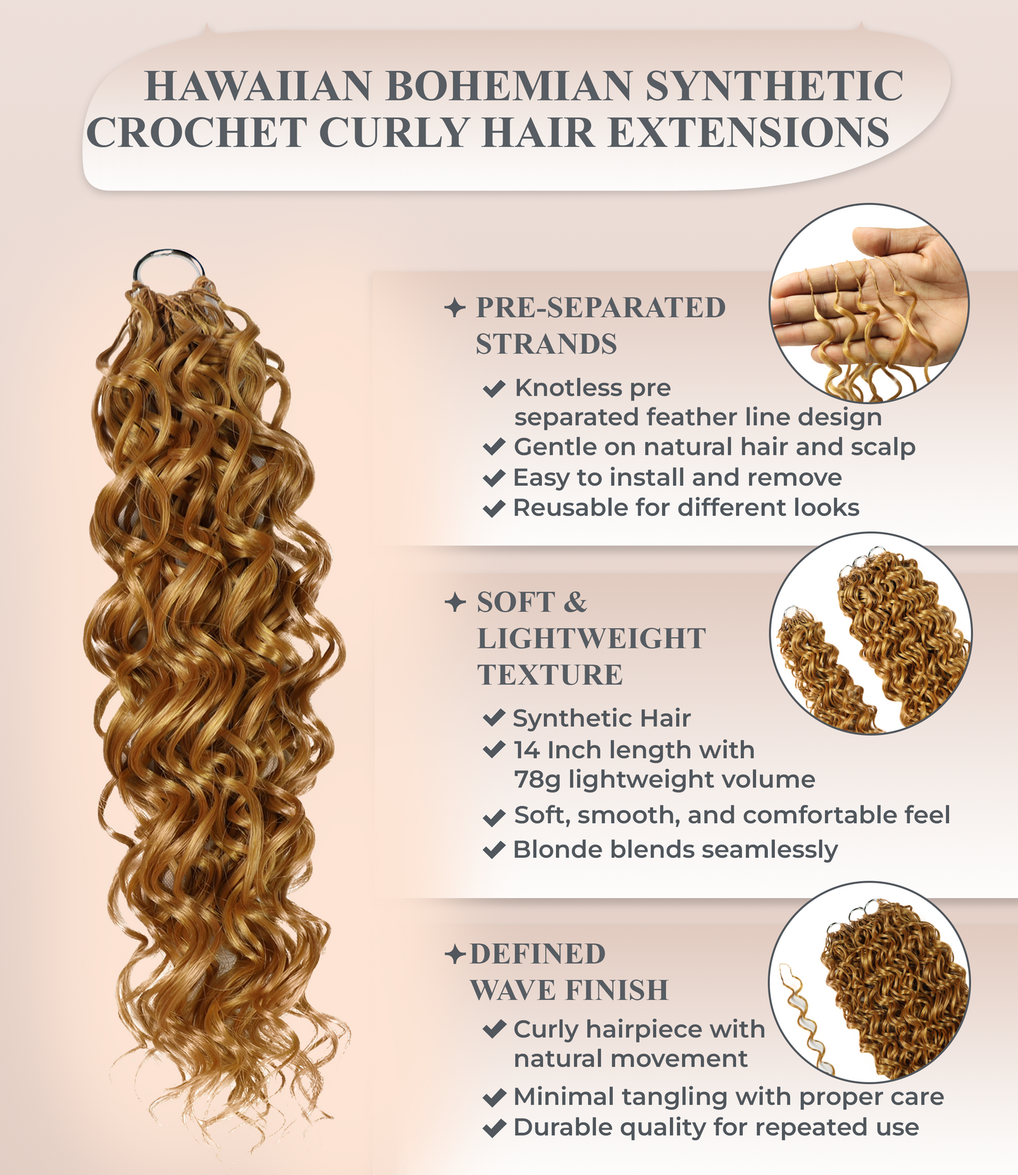LUXLUXE Hawaiian Synthetic Crochet Hair Extensions – 14" 85g, 18" 110g, 22" 132g  Pre Separated 100 Strands Feather Hairpiece for Curly Protective Styles