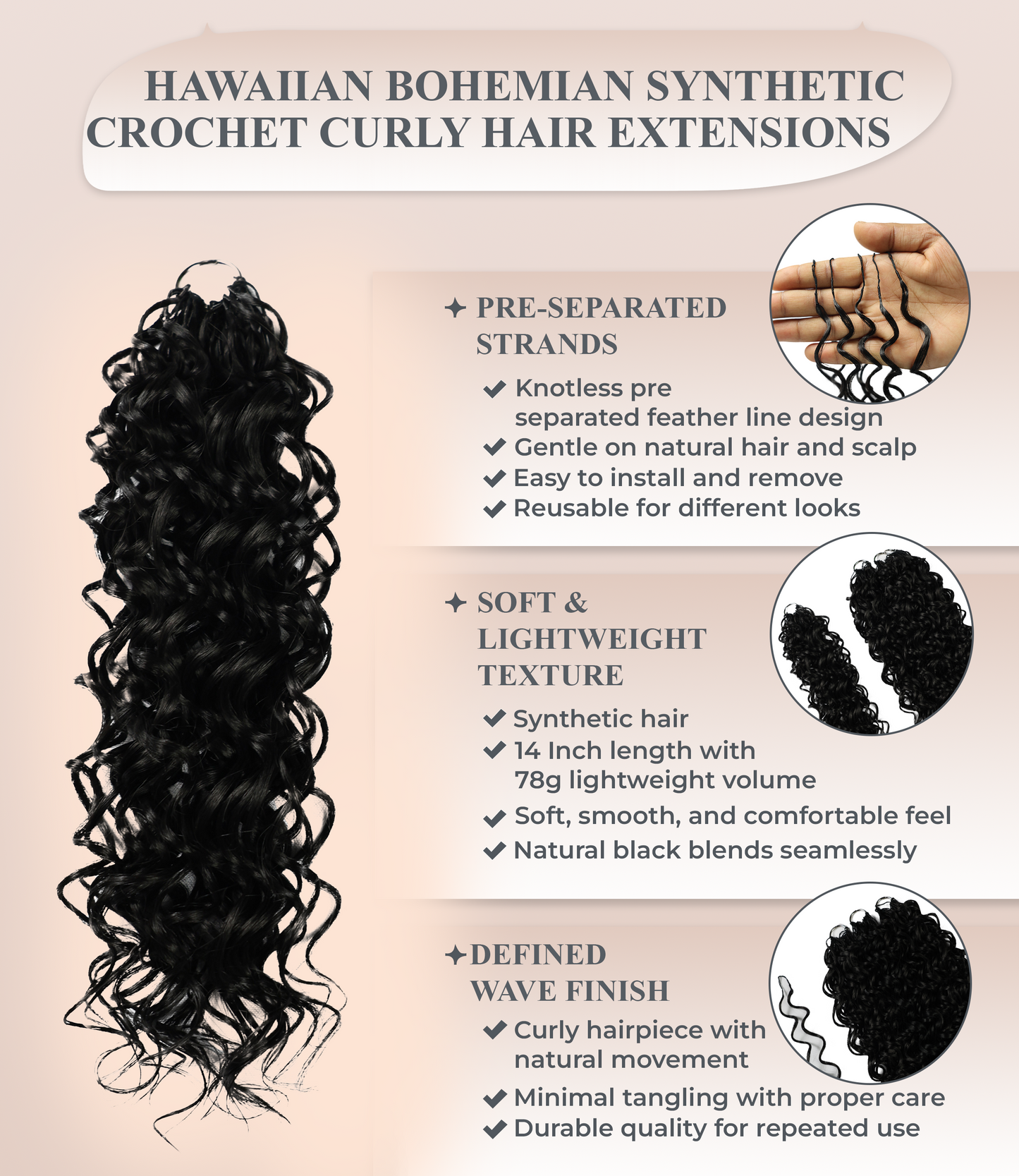 LUXLUXE Hawaiian Synthetic Crochet Hair Extensions – 14" 85g, 18" 110g, 22" 132g  Pre Separated 100 Strands Feather Hairpiece for Curly Protective Styles