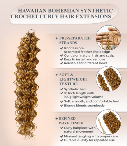 LUXLUXE Hawaiian Synthetic Crochet Hair Extensions – 14" 85g, 18" 110g, 22" 132g  Pre Separated 100 Strands Feather Hairpiece for Curly Protective Styles