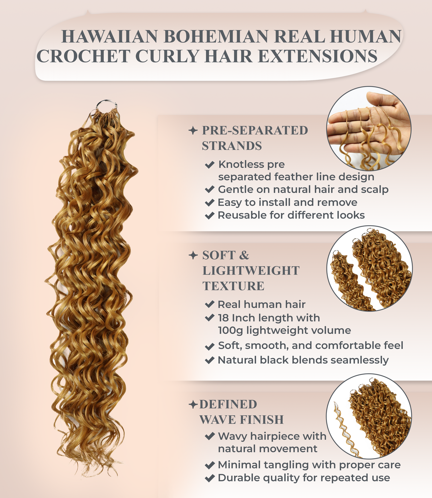 LUXLUXE Hawaiian Synthetic Crochet Hair Extensions – 14" 78g, 18" 100g, 22" 120g  Pre Separated 100 Strands Feather Hairpiece for Curly Protective Styles