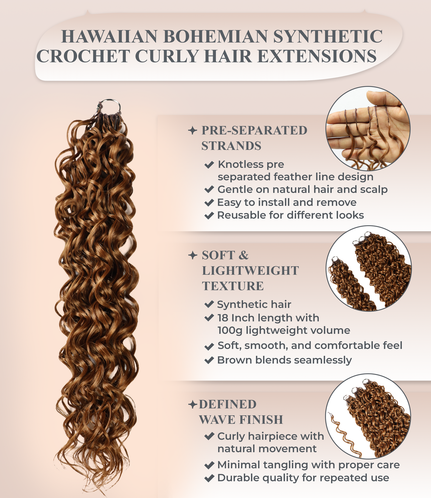 LUXLUXE Hawaiian Synthetic Crochet Hair Extensions – 14" 85g, 18" 110g, 22" 132g  Pre Separated 100 Strands Feather Hairpiece for Curly Protective Styles