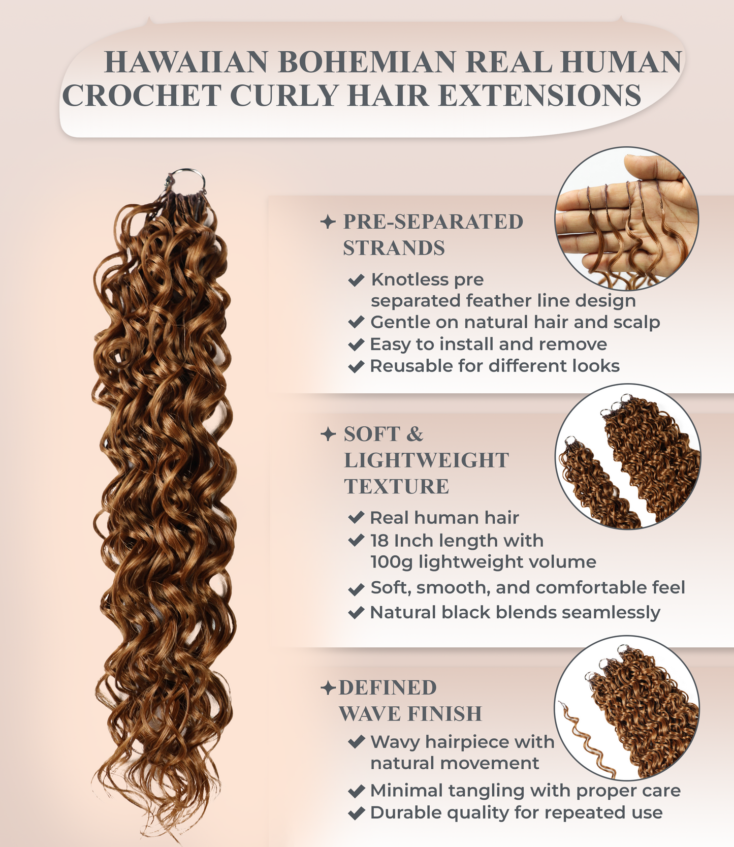 LUXLUXE Hawaiian Synthetic Crochet Hair Extensions – 14" 78g, 18" 100g, 22" 120g  Pre Separated 100 Strands Feather Hairpiece for Curly Protective Styles