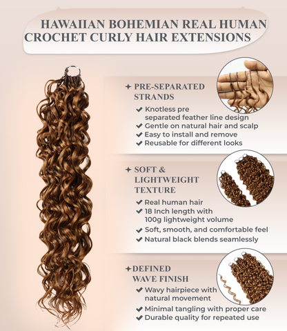 LUXLUXE Hawaiian Synthetic Crochet Hair Extensions – 14" 78g, 18" 100g, 22" 120g  Pre Separated 100 Strands Feather Hairpiece for Curly Protective Styles