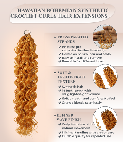 LUXLUXE Hawaiian Synthetic Crochet Hair Extensions – 14" 85g, 18" 110g, 22" 132g  Pre Separated 100 Strands Feather Hairpiece for Curly Protective Styles