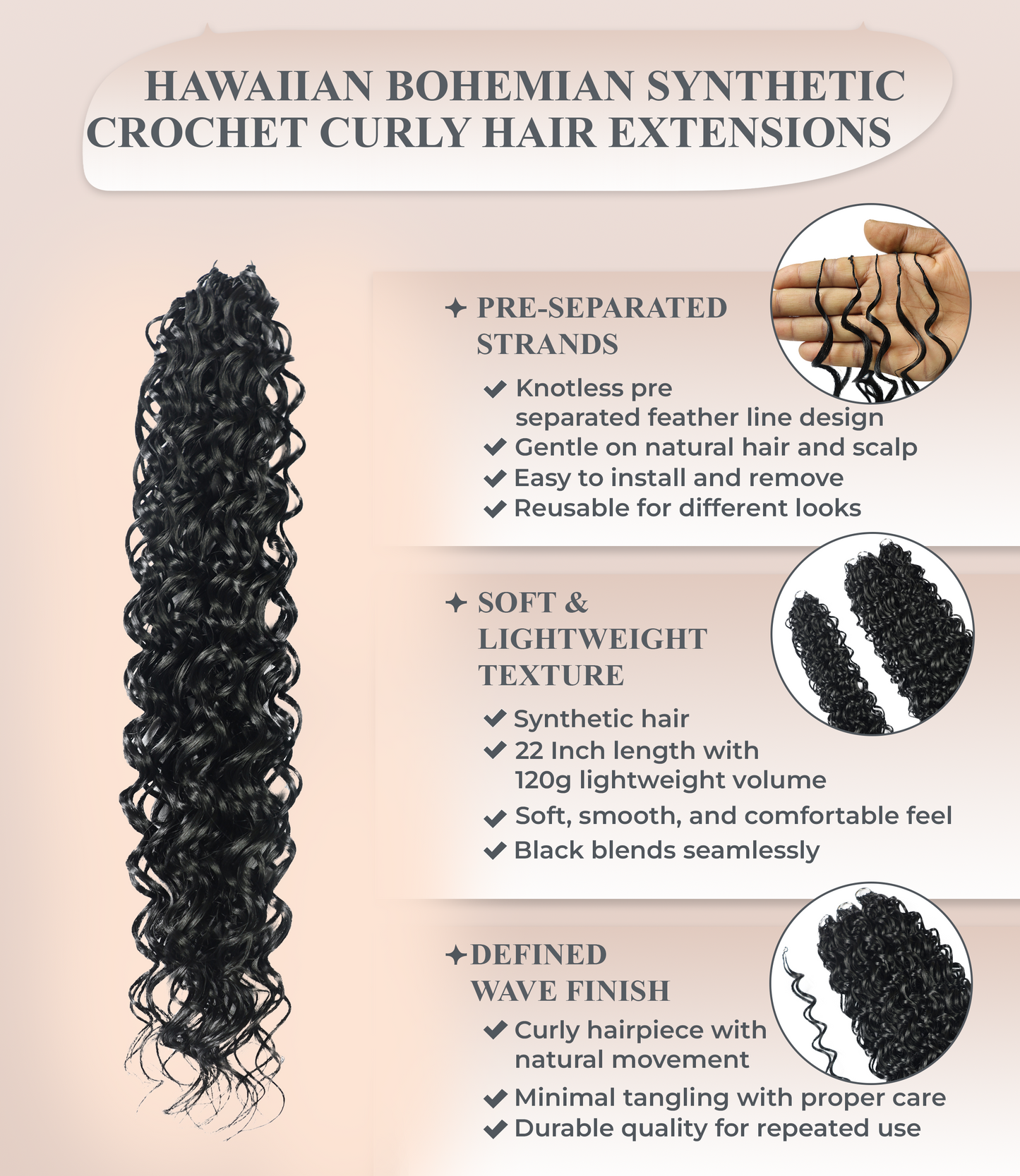 LUXLUXE Hawaiian Synthetic Crochet Hair Extensions – 14" 85g, 18" 110g, 22" 132g  Pre Separated 100 Strands Feather Hairpiece for Curly Protective Styles