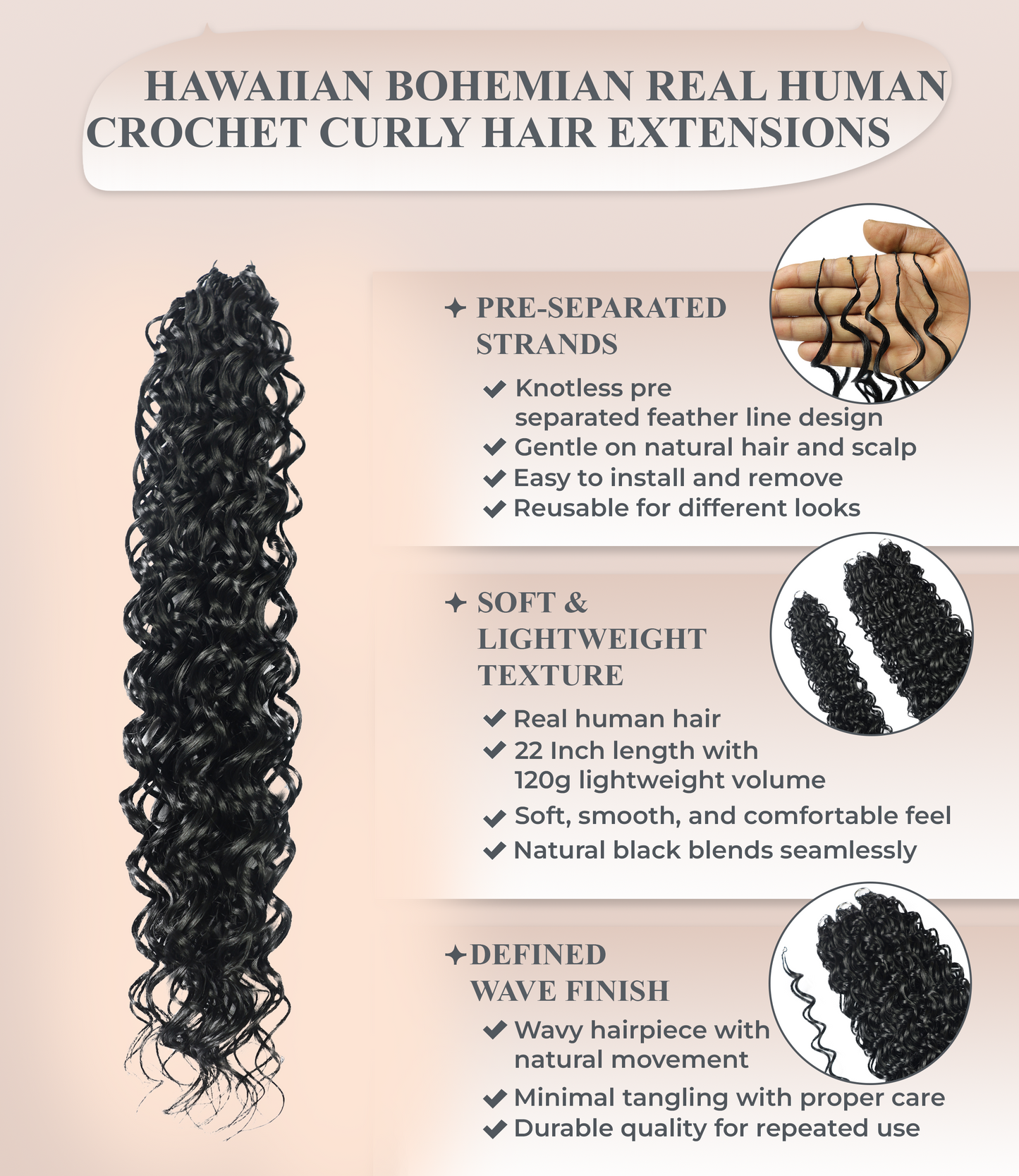 LUXLUXE Hawaiian Synthetic Crochet Hair Extensions – 14" 78g, 18" 100g, 22" 120g  Pre Separated 100 Strands Feather Hairpiece for Curly Protective Styles