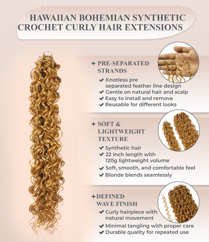 LUXLUXE Hawaiian Synthetic Crochet Hair Extensions – 14" 85g, 18" 110g, 22" 132g  Pre Separated 100 Strands Feather Hairpiece for Curly Protective Styles