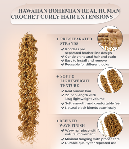 LUXLUXE Hawaiian Synthetic Crochet Hair Extensions – 14" 78g, 18" 100g, 22" 120g  Pre Separated 100 Strands Feather Hairpiece for Curly Protective Styles