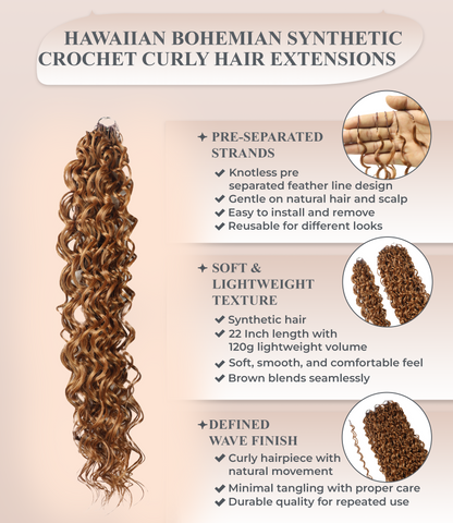 LUXLUXE Hawaiian Synthetic Crochet Hair Extensions – 14" 85g, 18" 110g, 22" 132g  Pre Separated 100 Strands Feather Hairpiece for Curly Protective Styles
