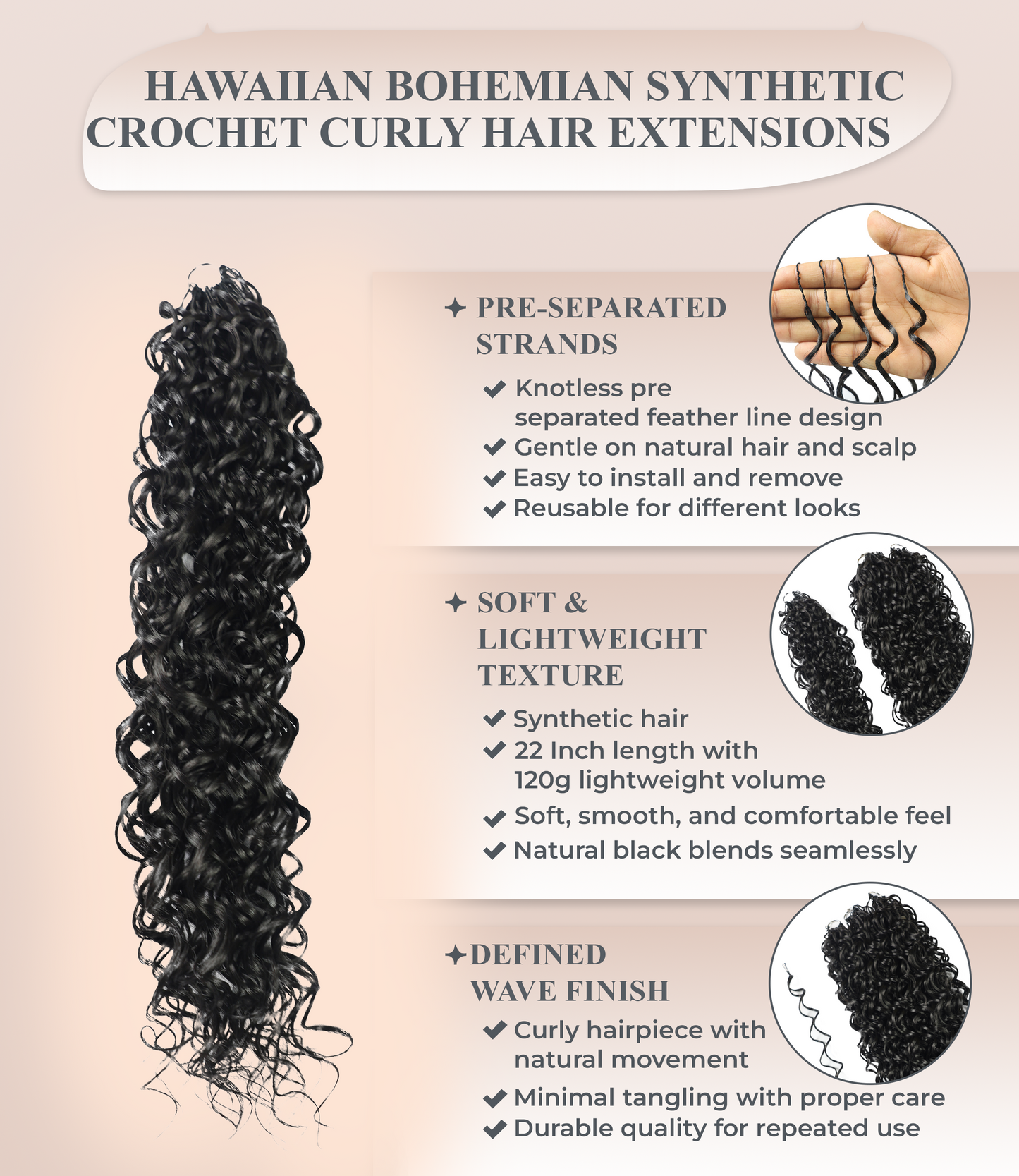 LUXLUXE Hawaiian Synthetic Crochet Hair Extensions – 14" 85g, 18" 110g, 22" 132g  Pre Separated 100 Strands Feather Hairpiece for Curly Protective Styles