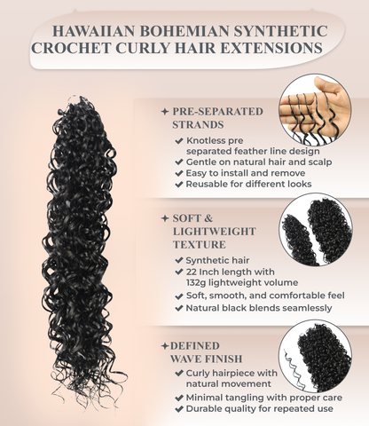 LUXLUXE Hawaiian Synthetic Crochet Hair Extensions – 14" 85g, 18" 110g, 22" 132g  Pre Separated 100 Strands Feather Hairpiece for Curly Protective Styles