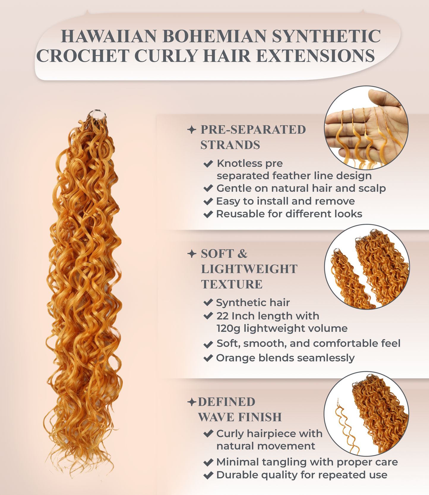 LUXLUXE Hawaiian Synthetic Crochet Hair Extensions – 14" 85g, 18" 110g, 22" 132g  Pre Separated 100 Strands Feather Hairpiece for Curly Protective Styles